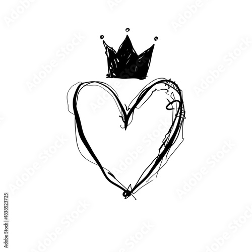 Drawing of a heart with a crown on top showing simple lines and curves made with black ink on white background