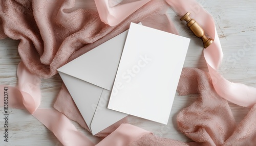 Elegant Invitation Card Mockup For Weddings, Birthdays, And Special Events With Blank Greeting Cards, Rsvp Card, And Envelope. Including Silk Ribbons And Gold Stamp Details On White Table Setting.