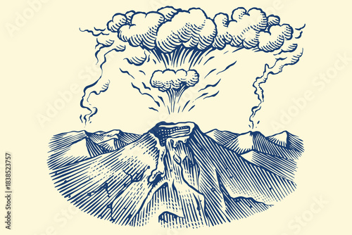 Volcano eruption or explosion sample icon design for inspiration. Hand drawn woodcut or engraved Emblem or icon for education or study usage. Geology and science element.