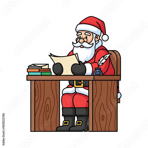 Santa Claus sitting at a desk writing letters or checking lists.