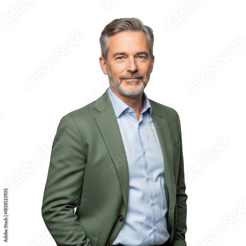 Professional mature man with graying hair and beard wearing a light blue collared shirt and a green blazer isolated on transparent background