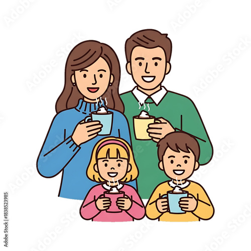 A smiling family of four dressed for winter holidays.