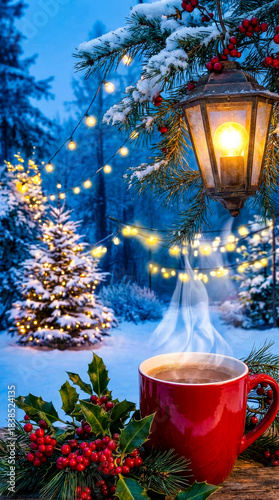 Red cup of hot coffee and a vintage lantern hanging on a snowy branch in a winter forest.