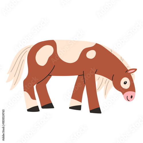 Eating spotted horse in cartoon flat style isolated on a white background. Vector illustration.