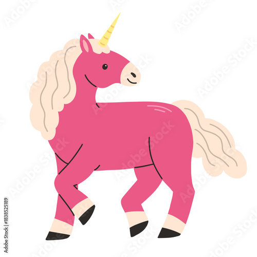 Pink unicorn in cartoon flat style isolated on a white background. Vector illustration.