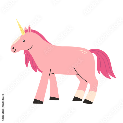 Pink unicorn in cartoon flat style isolated on a white background. Vector illustration.
