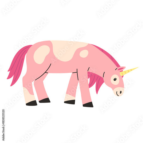 Pink eating spotted unicorn in cartoon flat style isolated on a white background. Vector illustration.