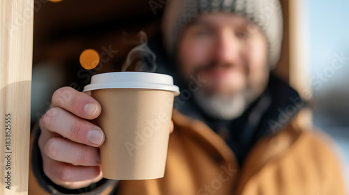 A man offers a steaming cup on a brisk day, its warmth palpable through the rising vapor. Winter's chill is met with the simple comfort of a hot beverage, a gesture of goodwill.