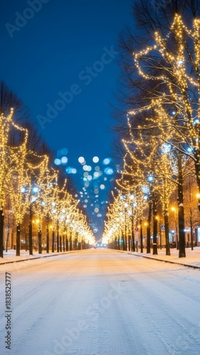 Winter snow-covered avenue with street lights at night