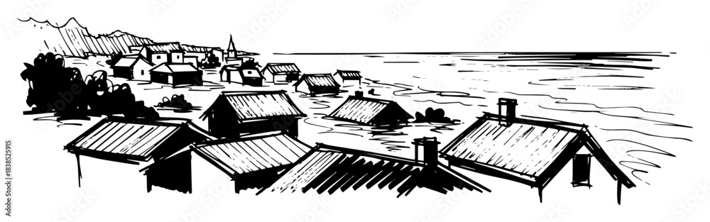 Fototapeta premium flooded coastal town after tsunami disaster sketch
