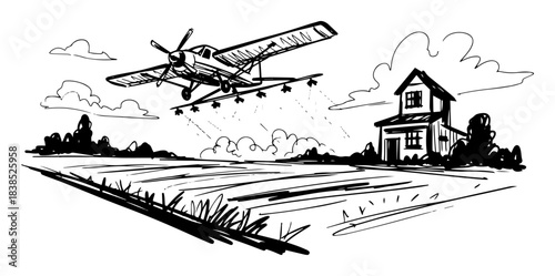 crop duster plane spraying pesticides on farm field sketch