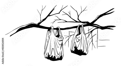 plastic bag pollution hanging on a tree branch vector sketch
