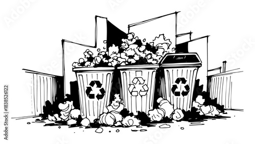 overflowing recycling bins waste management problem sketch