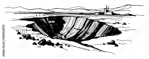 open pit mine quarry environmental damage black vector sketch