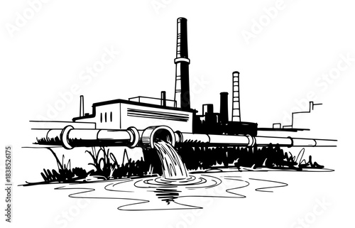 factory pipe discharging polluted wastewater into river sketch