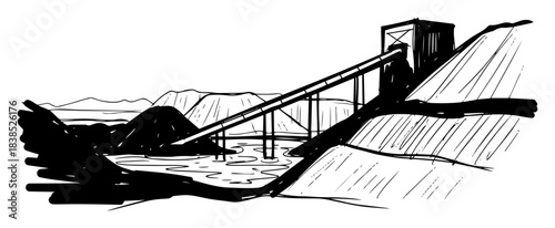 mining waste conveyor polluting river water sketch illustration