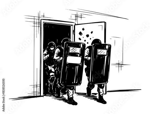 swat police team raid with riot shields breaking door vector sketch