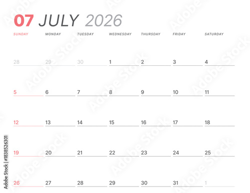 July 2026 monthly planner calendar, week starts on Sunday. Clean vector illustration for web, print. Minimalist, modern schedule organizer, printable page for business and personal time management