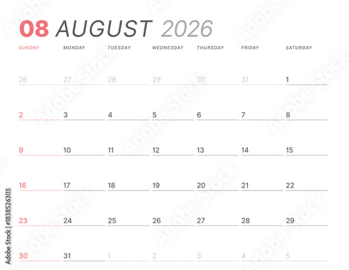 August 2026 monthly planner calendar, week starts on Sunday. Clean vector illustration for web, print. Minimalist, modern schedule organizer, printable page for business and personal time management