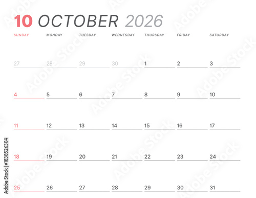 October 2026 monthly planner calendar, week starts on Sunday. Clean vector illustration for web, print. Minimalist, modern schedule organizer, printable page for business and personal time management