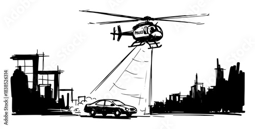 police helicopter searchlight on car in city black vector silhouette