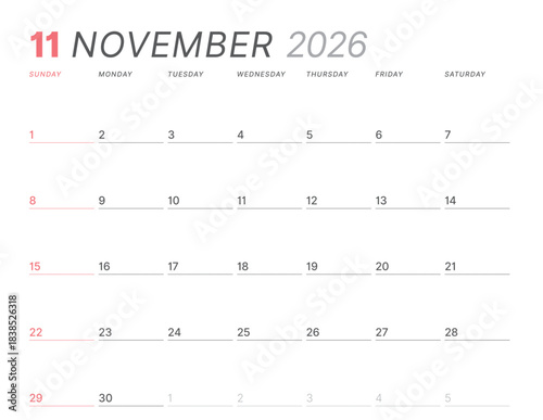 November 2026 monthly planner calendar, week starts on Sunday. Clean vector illustration for web, print. Minimalist, modern schedule organizer, printable page for business and personal time management