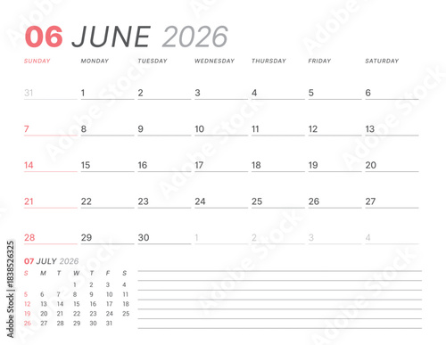 June 2026 monthly planner calendar, week starts on Sunday. Clean vector illustration for web, print. Minimalist, modern schedule organizer, printable page for business and personal time management