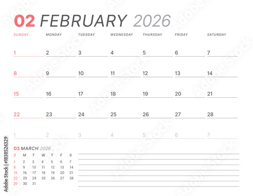 February 2026 monthly planner calendar template, week starts on Sunday. Minimalist vector illustration for web and print. Modern, simple schedule organizer, printable page for business, personal use