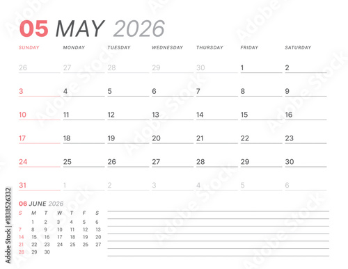 May 2026 monthly planner calendar, week starts on Sunday. Clean vector illustration for web, print. Minimalist, modern schedule organizer, printable page for business and personal time management