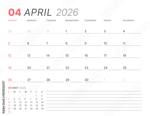 April 2026 monthly planner calendar, week starts on Sunday. Clean vector illustration for web, print. Minimalist, modern schedule organizer, printable page for business and personal time management