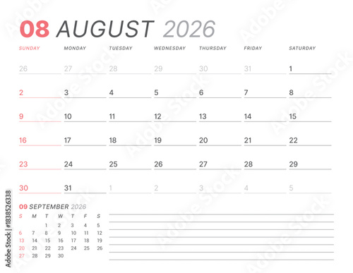 August 2026 monthly planner calendar, week starts on Sunday. Clean vector illustration for web, print. Minimalist, modern schedule organizer, printable page for business and personal time management