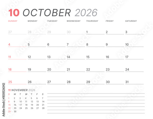 October 2026 monthly planner calendar, week starts on Sunday. Clean vector illustration for web, print. Minimalist, modern schedule organizer, printable page for business and personal time management