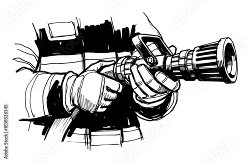 firefighter hands holding fire hose nozzle closeup sketch vector