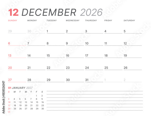 December 2026 monthly planner calendar, week starts on Sunday. Modern vector illustration for web, print. Clean, minimalist schedule organizer, printable page for business and personal time management