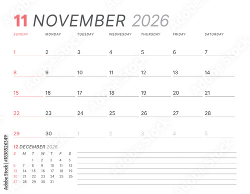 November 2026 monthly planner calendar, week starts on Sunday. Clean vector illustration for web, print. Minimalist, modern schedule organizer, printable page for business and personal time management