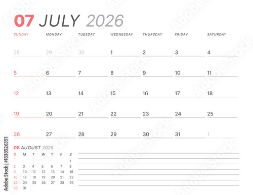 July 2026 monthly planner calendar, week starts on Sunday. Clean vector illustration for web, print. Minimalist, modern schedule organizer, printable page for business and personal time management