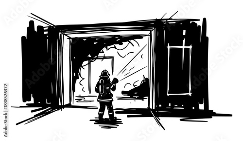 firefighter entering burning building with hose sketch vector