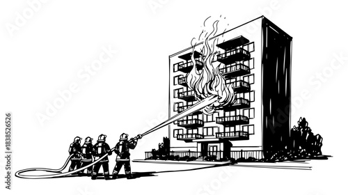 firefighter team battling high rise apartment building fire vector