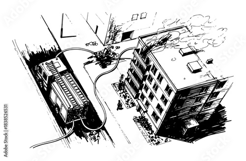 aerial view of firefighting operation at burning building vector sketch