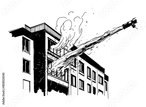 turntable ladder truck fighting building fire black vector sketch