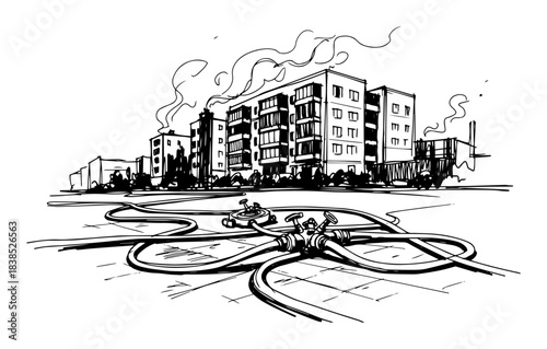 fire hoses and hydrant on street during apartment fire sketch