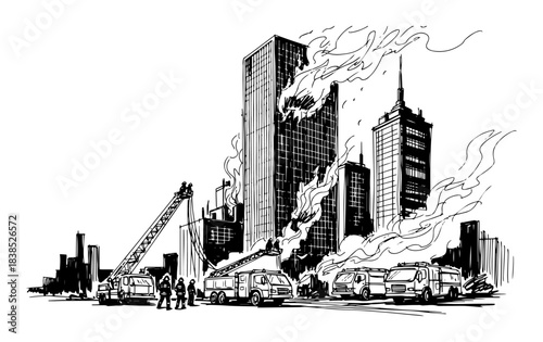 major city skyscraper fire with multiple fire trucks sketch vector