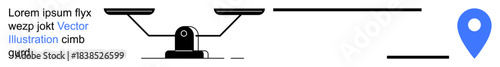 Justice, decision-making, navigation, location, balance, accuracy. Black weighing scale and blue location pin with text elements. Justice and navigation concepts