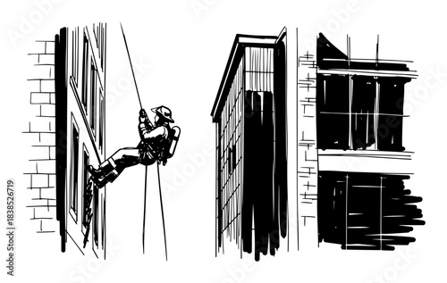 rope access worker on skyscraper facade sketch