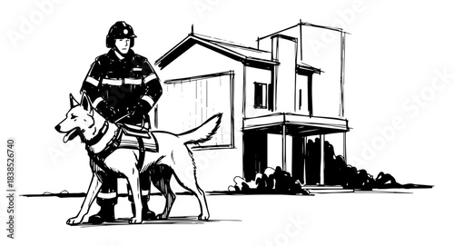 firefighter with rescue dog in front of house sketch