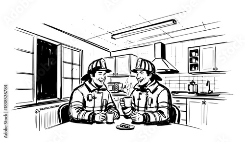 firefighters on a coffee break in fire station kitchen sketch