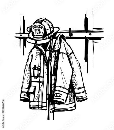 firefighter uniform gear hanging on hook vector sketch