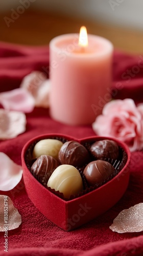Romantic heart shaped chocolate gift with candle and rose petals