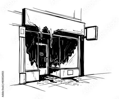 burning storefront building sketch