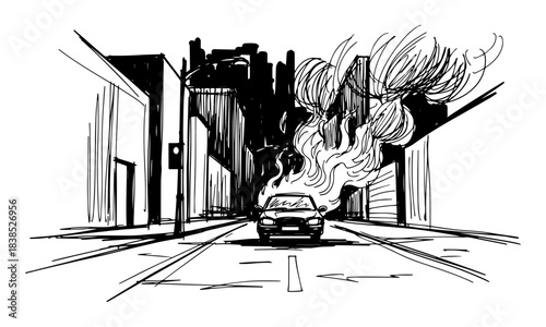 burning car on urban street sketch